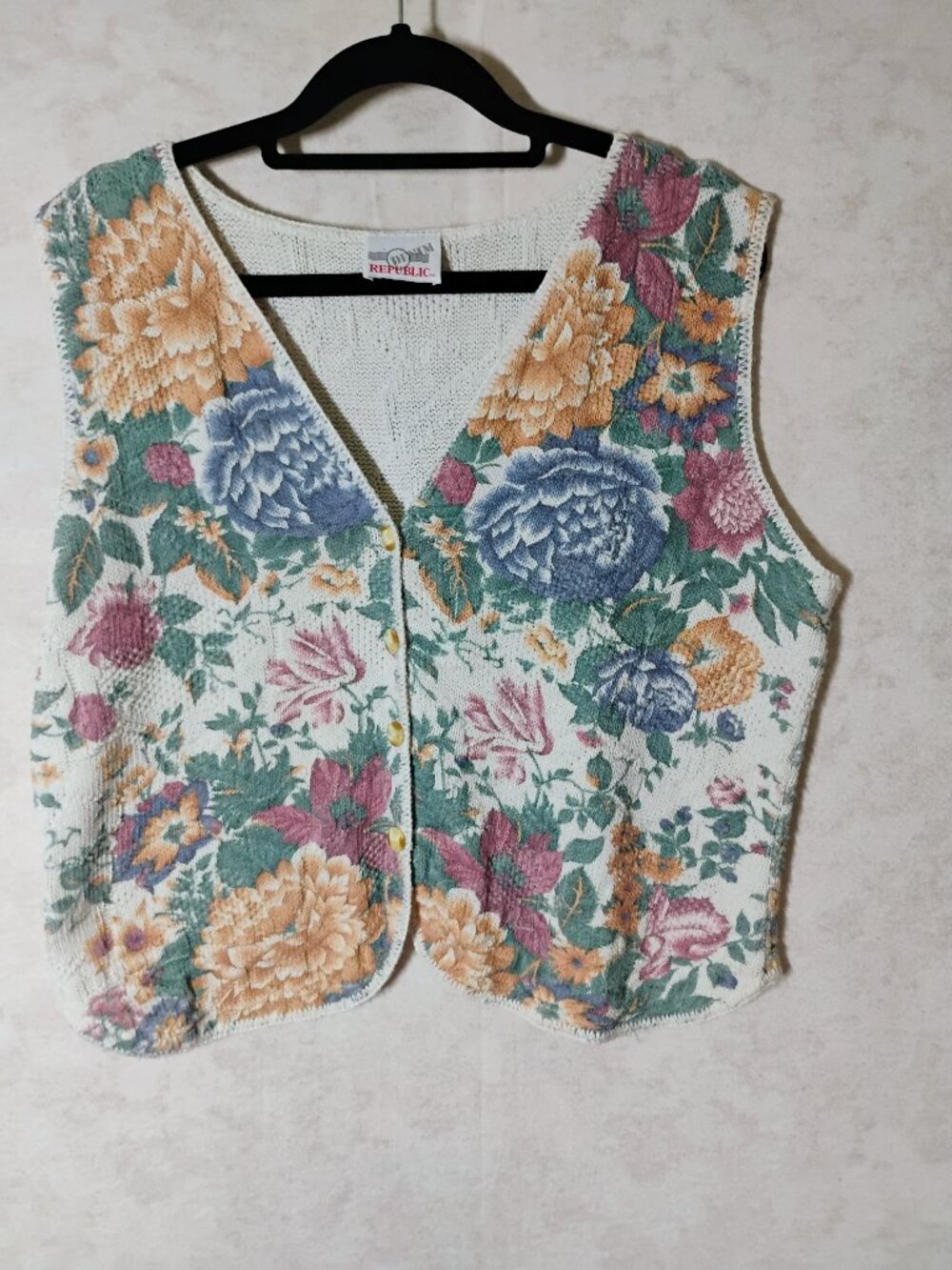 Vintage Floral Tapestry Button-Front Knit Vest Large